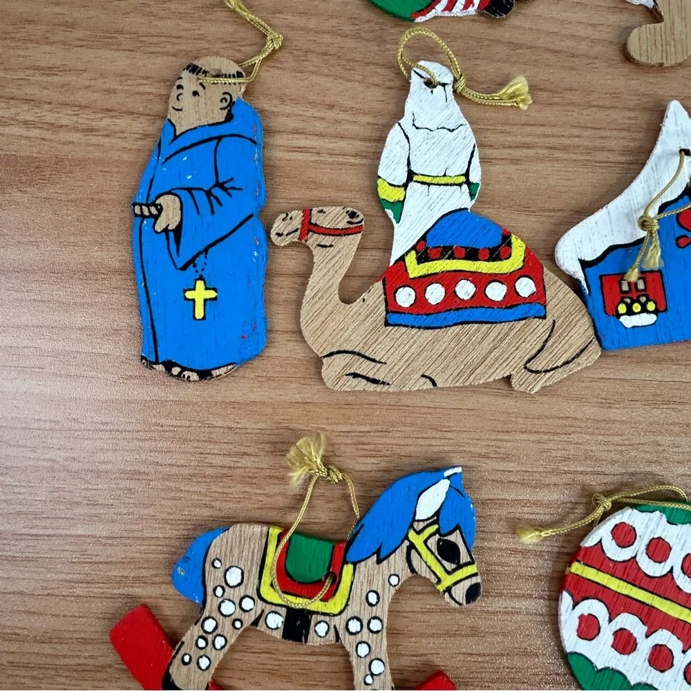 Lot Of 26 Vintage Wooden Christmas Ornaments Hand Painted Double Sided